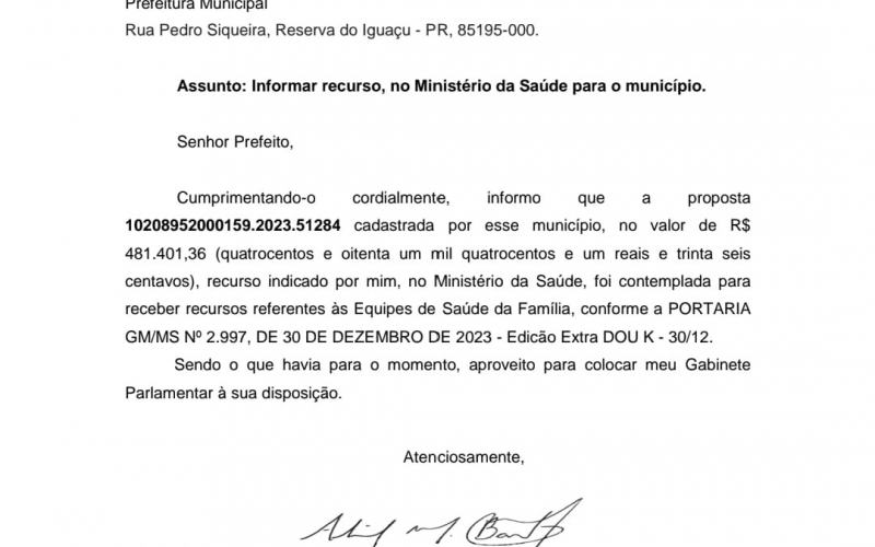 DEPUTADO FEDERAL ALIEL MACHADO DESTINA RECURSO PARA SECRETARIA DE SAÚDE 