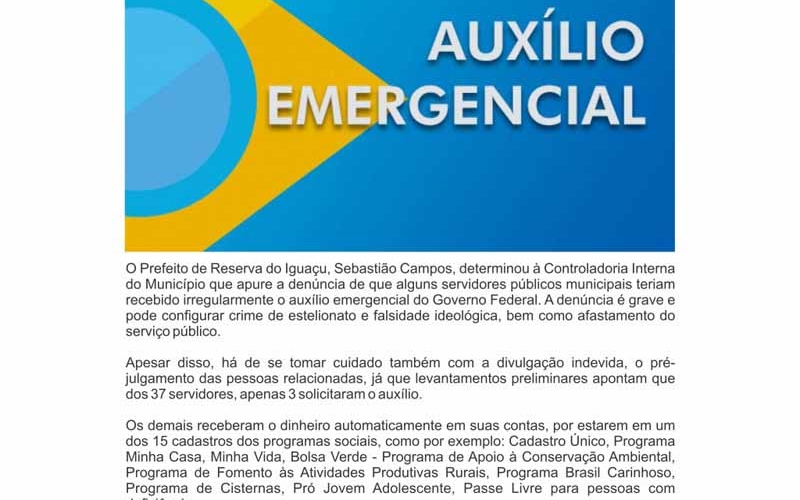 Prefeitura irá apurar servidores que receberam irregularmente o Auxílio Emergencial