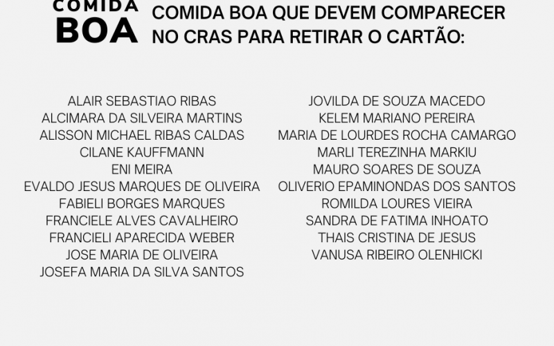 NOVOS BENEFICIÁRIOS DO CARTÃO COMIDA BOA QUE DEVEM COMPARECER NO CRAS PARA RETIRAR O CARTÃO